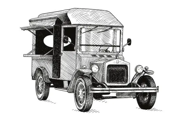 Vector illustration of Drawing of an old car converted to food truck