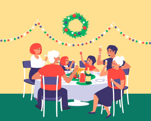 ilustraciones, imágenes clip art, dibujos animados e iconos de stock de la familia celebra el día de acción de gracias en la mesa - dining table illustrations