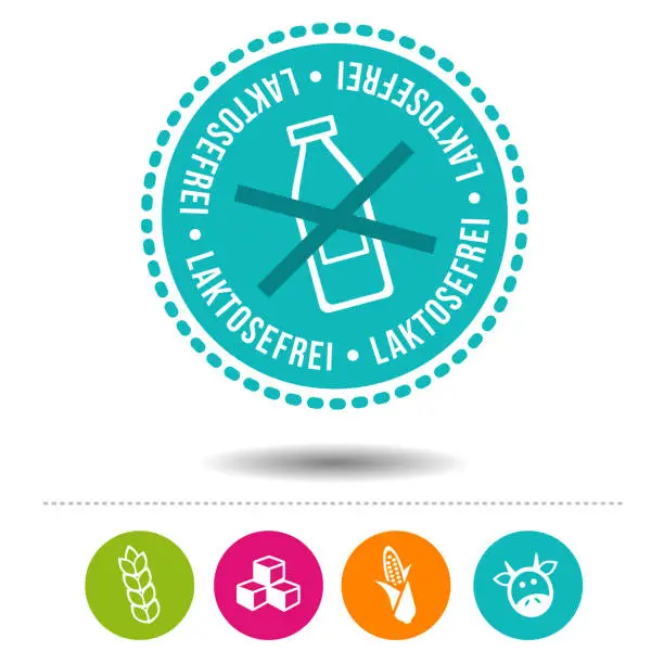 Vector illustration of Lactose-free seal and nutrition icons.