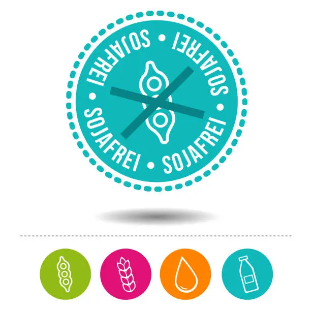 Vector illustration of Soy-free seal and nutrition icons.