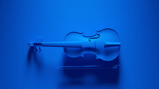 instrumento musical tradicional de violín azul con fondo azul vívido - musical instrument string music dark old fashioned fotografías e imágenes de stock