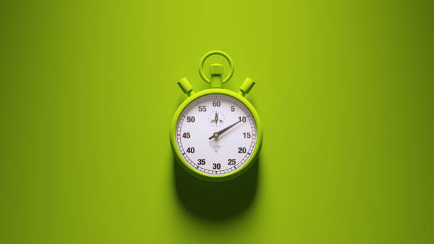 녹색 스톱워치 시계 알람 시계 화이트 페이스 타이머 그린 배경 - 스톱워치 뉴스 사진 이미지