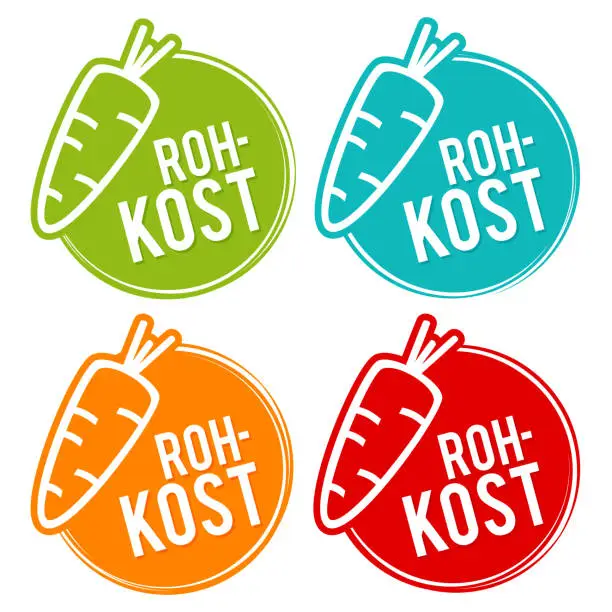 Vector illustration of Raw food seal in different colors with carrot icon.