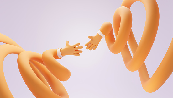 Two long cartoon hands in funny swirl reaching to each other, 3d render. Greeting gesture or business handshake, teamwork together. Flexible orange arms on purple background, concept partnership.