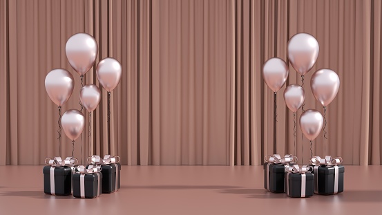 Modern, Trendy Black And Rose Gold Gift Boxes And Balloons. Empty Space Background.