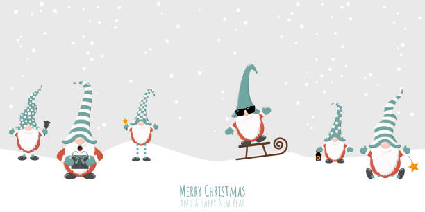 merry christmas gnomes with snow fall eps vector illustration with christmas gnomes having different characters for xmas and winter time concepts, falling snow flakes on gray colored background Gnome stock illustrations