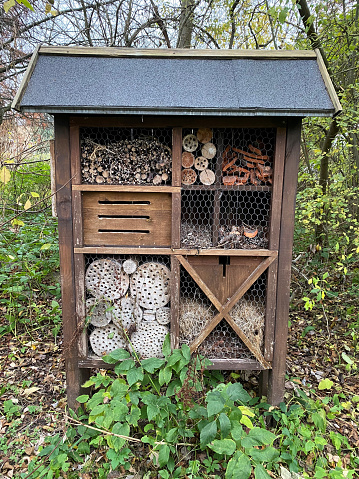 Large insect Hotel placed in public Scandinavian park. Insect hotel ioffers protection and a nesting aid to bees and other insects.
