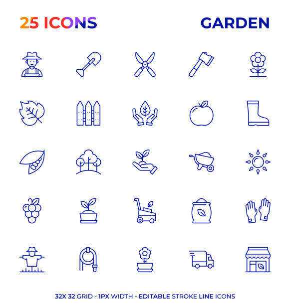 illustrazioni stock, clip art, cartoni animati e icone di tendenza di giardinaggio modificabile linea di tratti serie di icone - orto immagine