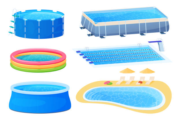 Different swimming pools types set vector flat cartoon illustration refreshing fun pastime in water Different swimming pools types set vector flat cartoon illustration. Collection inflatable, sport olympic, home leisure, beach resort pool isolated. Outdoor sunbathing refreshing fun pastime in water inflated pool stock illustrations