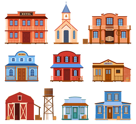 Wooden wild west style buildings set vector illustration. Collection antique American western architecture facade hotel, church, saloon, bank, warehouse, police sheriff, water barrel storage isolated