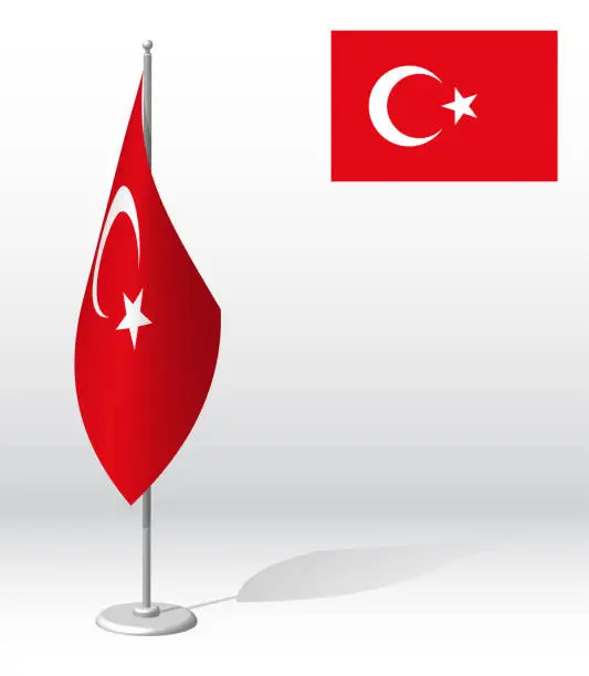 Vector illustration of TURKEY Republic flag on flagpole for registration of solemn event, meeting foreign guests. National independence day of TURKEY. Realistic 3D vector on white