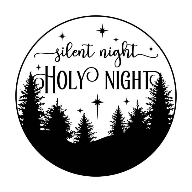 ilustrações de stock, clip art, desenhos animados e ícones de vector illustration silent night holy night for christmas farmhouse porch or door sign with xmas trees and stars. round hand drawn design for season home decoration, print, door hanger, plate. - silent night illustrations