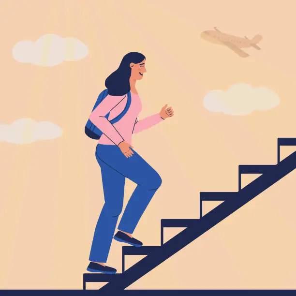 Vector illustration of Girl in blue jeans and backpack climbs up the ladder. Background with clouds and airplane. Woman goes on a journey. Smile, hope for a happy future, metaphor illustration. Vector cartoon character