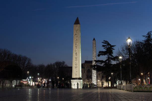 Obelisk of Theodosius in Istanbul at night with blue sky and empty square of hippodrome