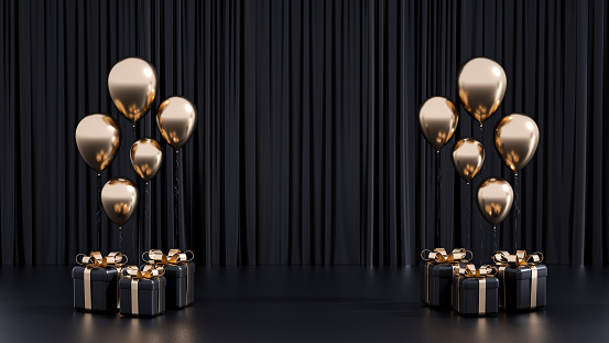 Modern, Trendy Black And Golden Gift Boxes And Balloons. Empty Space Background.