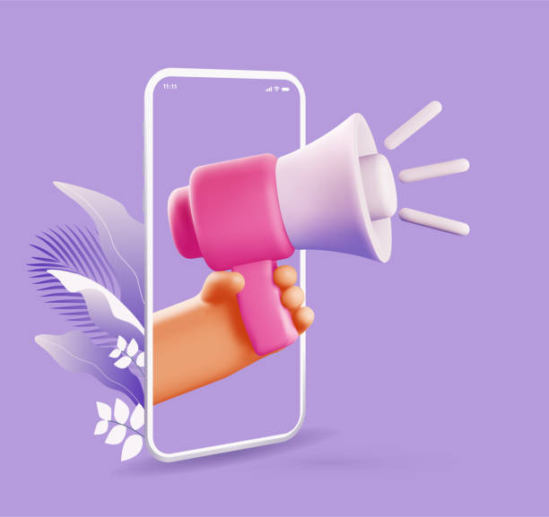 紫色の背景にスマートフォン画面から出てくるメガホンを持つ漫画3dレンダリングハンド付きのオンラインマーケティングコンセプトイラスト。ベクトルの図 - mobile marketing点のイラスト素材／クリップアート素材／マンガ素材／アイコン素材