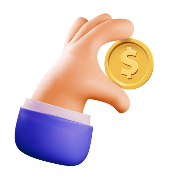 денежная или деловая или зарплатная концептуальная иллюстрация с карикатурой 3d-рукой, держащей золотую монету со знаком доллара, изолиров� - трёхразмерный stock illustrations