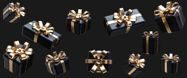 istock Pack Of Modern, Trendy Black And Golden Gift Boxes - 3D Illustration 1354201075