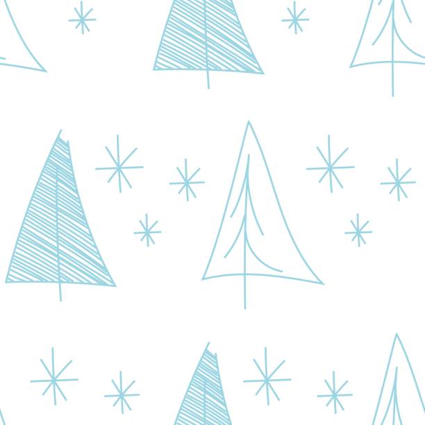 bildbanksillustrationer, clip art samt tecknat material och ikoner med vector. christmas and new year seamless pattern. design templates for typographic products. minimalism background for branding, banner, cover, postcard. simple hand drawn fir tree and snowflakes. blue - winter wonderland