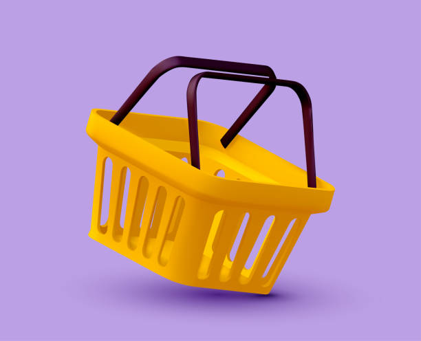 einkaufs- oder kaufkonzept mit leerem gelben warenkorb auf lila hintergrund. vektor-illustration - einkaufswagen stock-grafiken, -clipart, -cartoons und -symbole