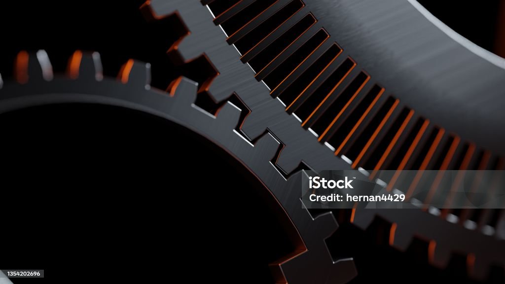 Steel gears from an engine gearbox, close up. High performance engines, concept. Digital 3D rendering. Accuracy Stock Photo