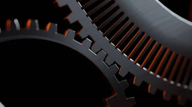 Steel gears from an engine gearbox, close up. High performance engines, concept. Digital 3D rendering.