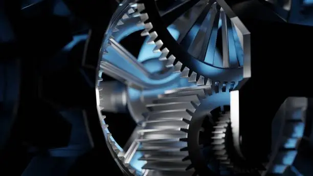Photo of Steel gears from an engine gearbox, close up. High performance engines, concept. Digital 3D rendering.