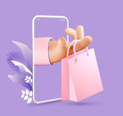 Online shopping or delivery concept illustration with 3d rendered cartoon hand holding shopping bag coming out from smartphone screen. Vector eps 10 illustration