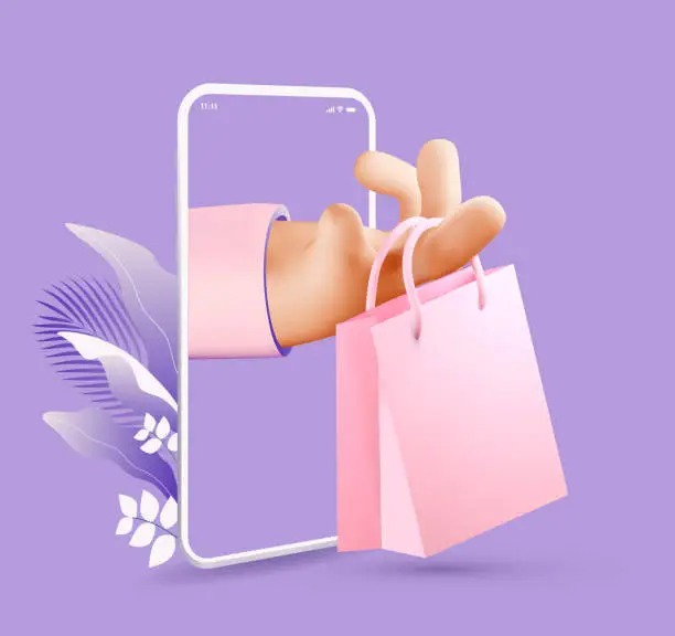 Vector illustration of Online shopping or delivery concept illustration with 3d rendered cartoon hand holding shopping bag coming out from smartphone screen. Vector illustration