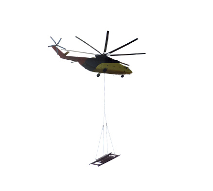 Cargo helicopter with cargo isolated. Silhouette of a cargo helicopter on a white background.