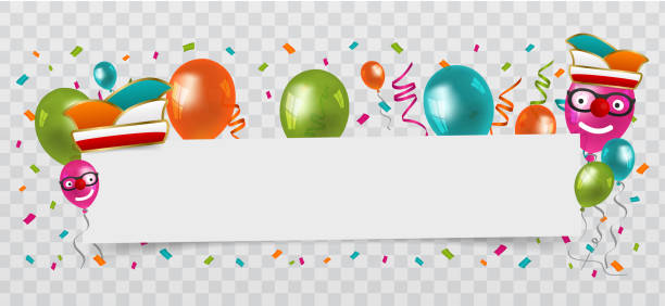 Carnival paper banner with balloons, streamers and confetti banner. Carnival paper banner with balloons, streamers and confetti banner. mütze stock illustrations