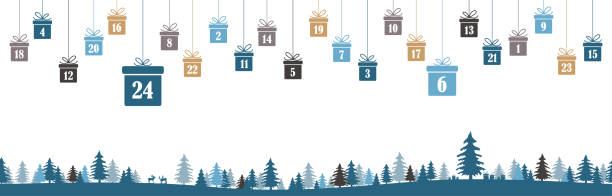 advent calendar 1 to 24 on christmas presents hanging christmas presents colored blue with numbers 1 to 24 showing advent calendar for xmas and winter time concepts, blue nature background with fir trees and christmas symbols kalender stock illustrations