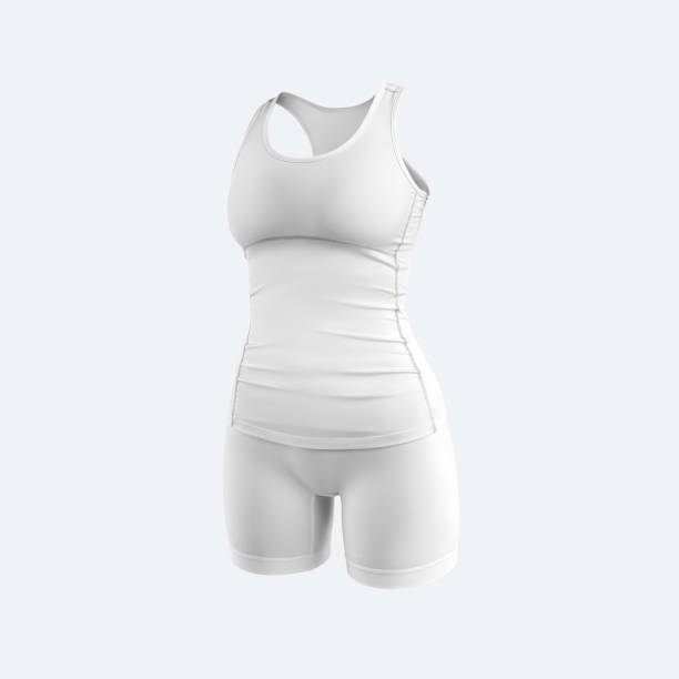 istock Mock up of white tank top, shorts, 3D rendering, female compression suit isolated on background. 1354204875