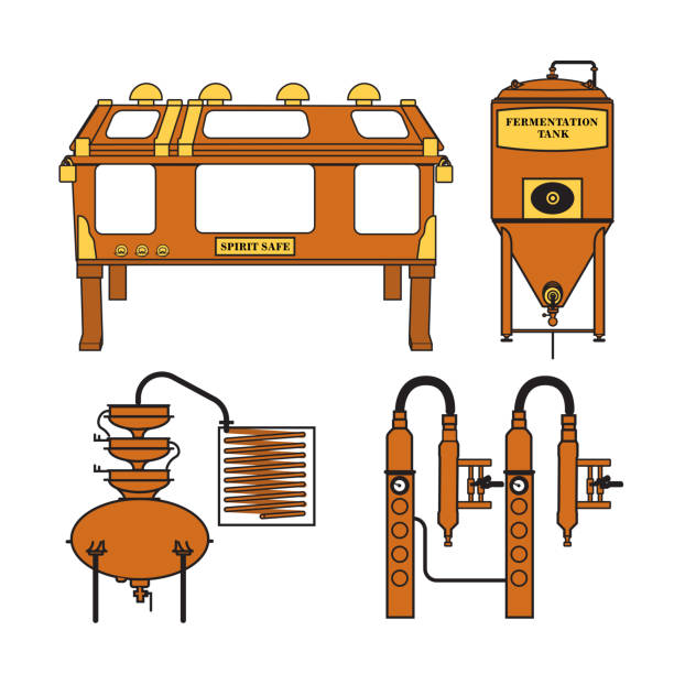 ilustraciones, imágenes clip art, dibujos animados e iconos de stock de paquete de ilustración vectorial de equipos de destilería aislados - alambique