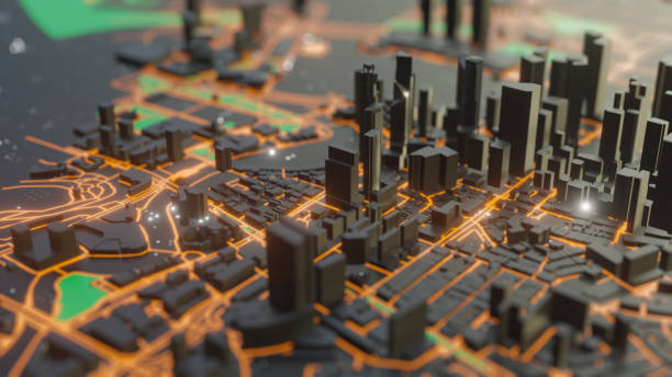 istock Abstract neon glowing Smart city with buildings and streets 1354209340