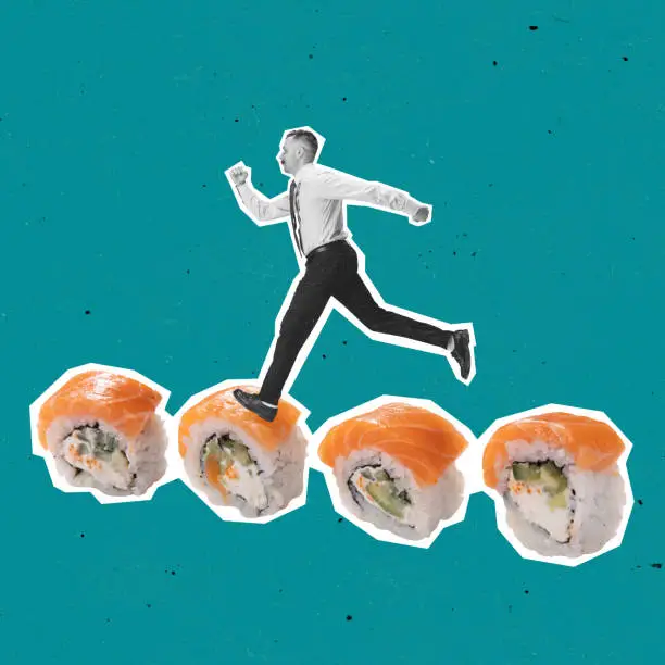 Photo of Contemporary art collage of young man running on sushi set isolated over blue background. Concept of Japanese food