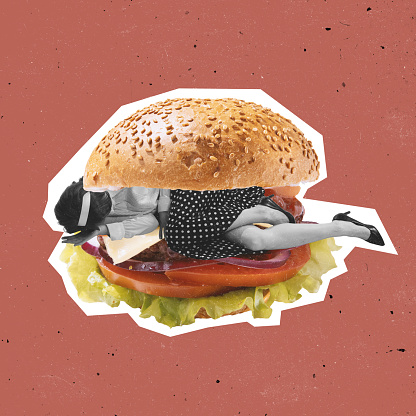 Contemporary art collage of woman wearing retro style costume lying into burger isolated over pink background. Creativity. Concept of junk food, vintage, imagination, artwork. Copy space for ad