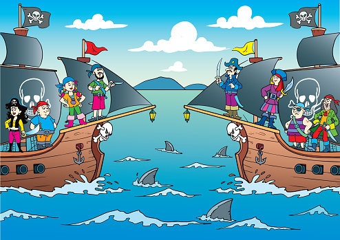 Illustration of pirate men and girls on ship