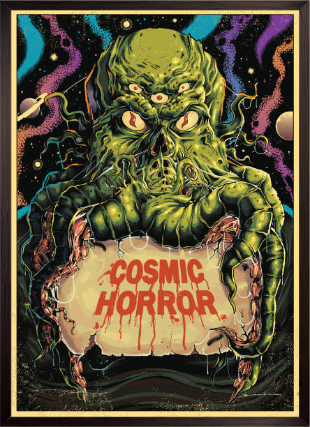 Cthulhu monster horror poster Illustration of Lovecraftian Cthulhu with tentacles magazine cover illustrations stock illustrations