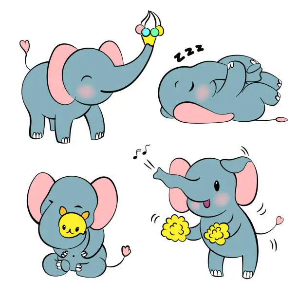 Vector illustration of Emotional sticker set with cute elefant. Kawaii style. Cartoon emoji sticker with elephants in different moods. Vector illustration.