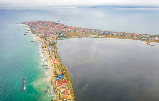 sea city Amazing aerial view from drone to Pomorie city on the Bulgarian Black Sea coast pomorie stock pictures, royalty-free photos & images
