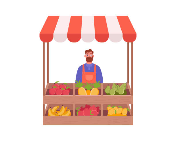 Man standing at counter of greengrocer's shop or marketplace and selling fruits. Farmer seller selling food products on local farmers' market. Vector cartoon illustration vector art illustration