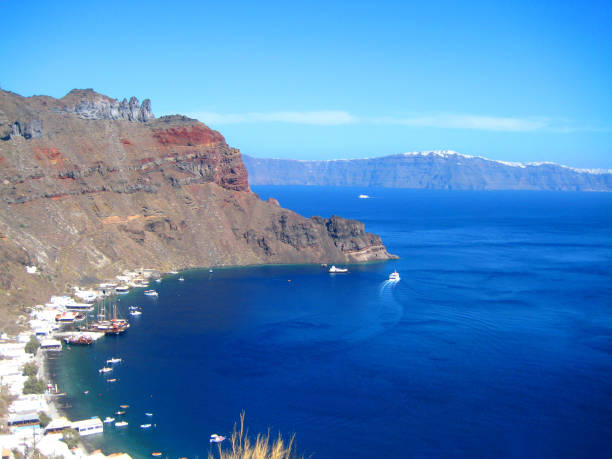 Looking down to the Thirassia bay a clear day at Thirassia, Santorini, Greece.