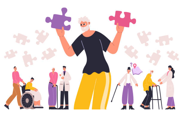 istock Alzheimer, dementia brain disease symptoms concept. Senior patient with memory loss and disorientation symptoms vector flat illustration. Dementia, alzheimer elderly patients 1354217523