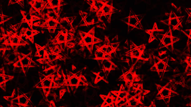 symbole de pentagramme inversé. symboles wiccan - croix de soufre. cercle de sorts runiques rouge sang. signe satanique, anneau de casting magique. pentalpha, pentangle. illustration 3d. - pentangle photos et images de collection