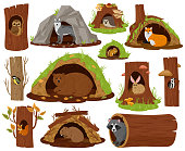 istock Cartoon forest animals inside hollow, burrow and nest. Woodland fauna in burrows and tree hollows vector illustration set. Owl, bear and hedgehog 1354217576