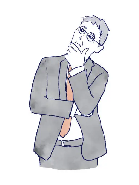 Vector illustration of Watercolor hand-drawn illustration of an elderly businessman with his hand to his chin. Concept of thinking and worrying. Upper body of a man in his 60s wearing glasses and a suit