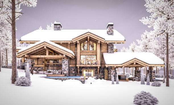 istock 3d rendering of modern cozy chalet in winter evening 1354219614