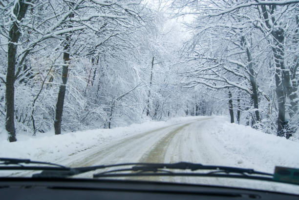 istock Winter snow forest road curve from a car view 1354221557