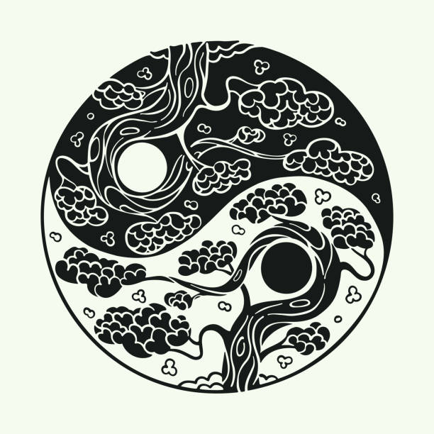 sakura-baum in form des yin yang-symbols. kirschblütenblüte, botanische kunst handgezeichnet mit tinte im traditionellen japanischen malstil. - taoismus stock-grafiken, -clipart, -cartoons und -symbole